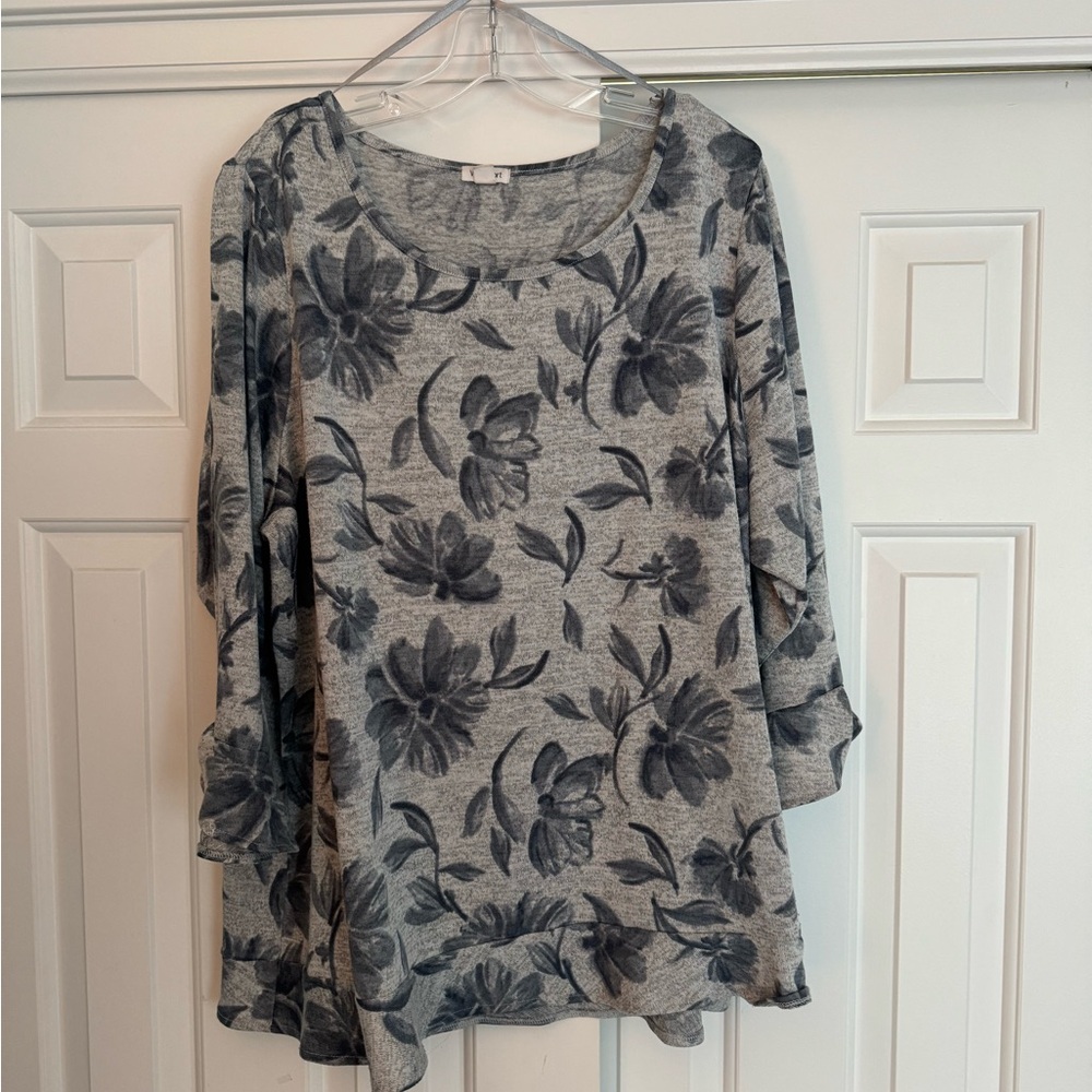 Westport blue/grey Asymmetrical Flutter Sleeve Blouse